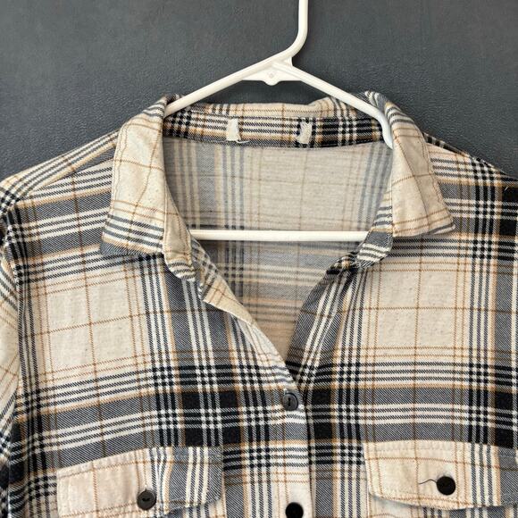 Plaid Flannel Button Up Shirt Beige Black Check 1X Plus Size Preppy Skate Casual - Picture 6 of 12